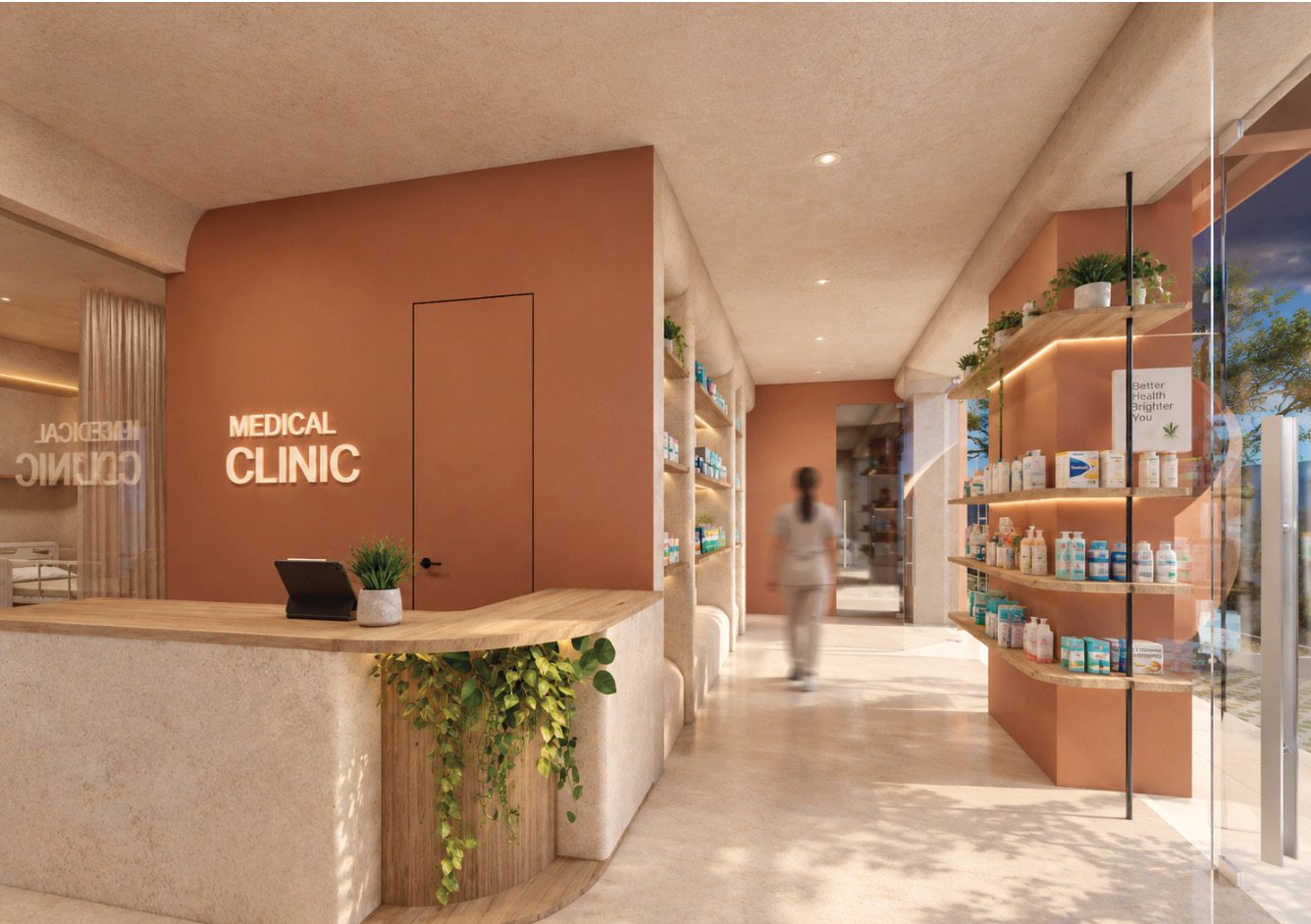 Rendering of the clinic interior: a warm terracotta reception with wooden counter, trailing plants and pharmacy shelving