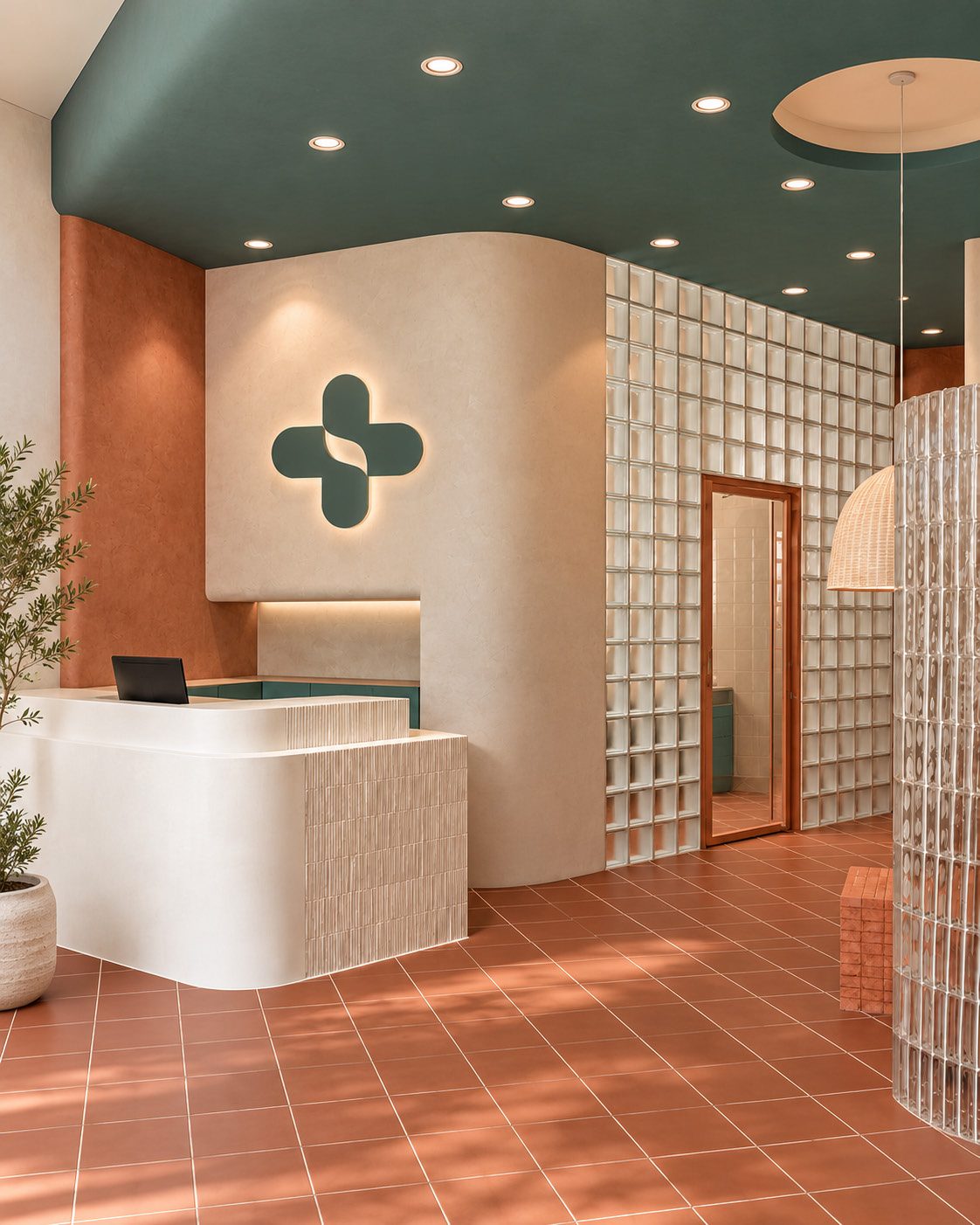 Rendering of the reception at The Doctors – Elizabeth Medical Centre: a curved white desk beneath a teal ceiling, with the cross brandmark lit on the wall